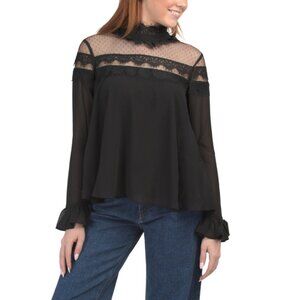 ENDLESS ROSE Black Long Sleeve Blouse With Mesh Yoke And Lace Trim Details